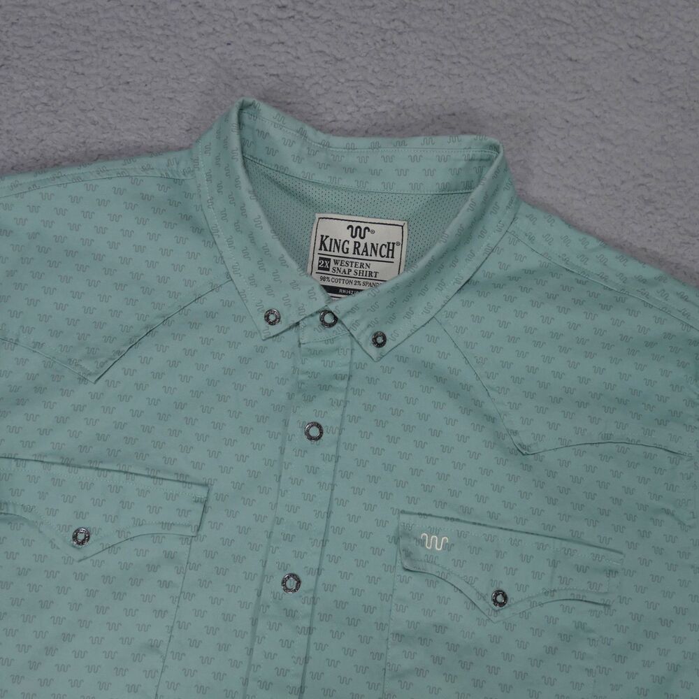 King Ranch Western Snap Shirt Mens 2XL Green Geometric Short Sleeve Pockets